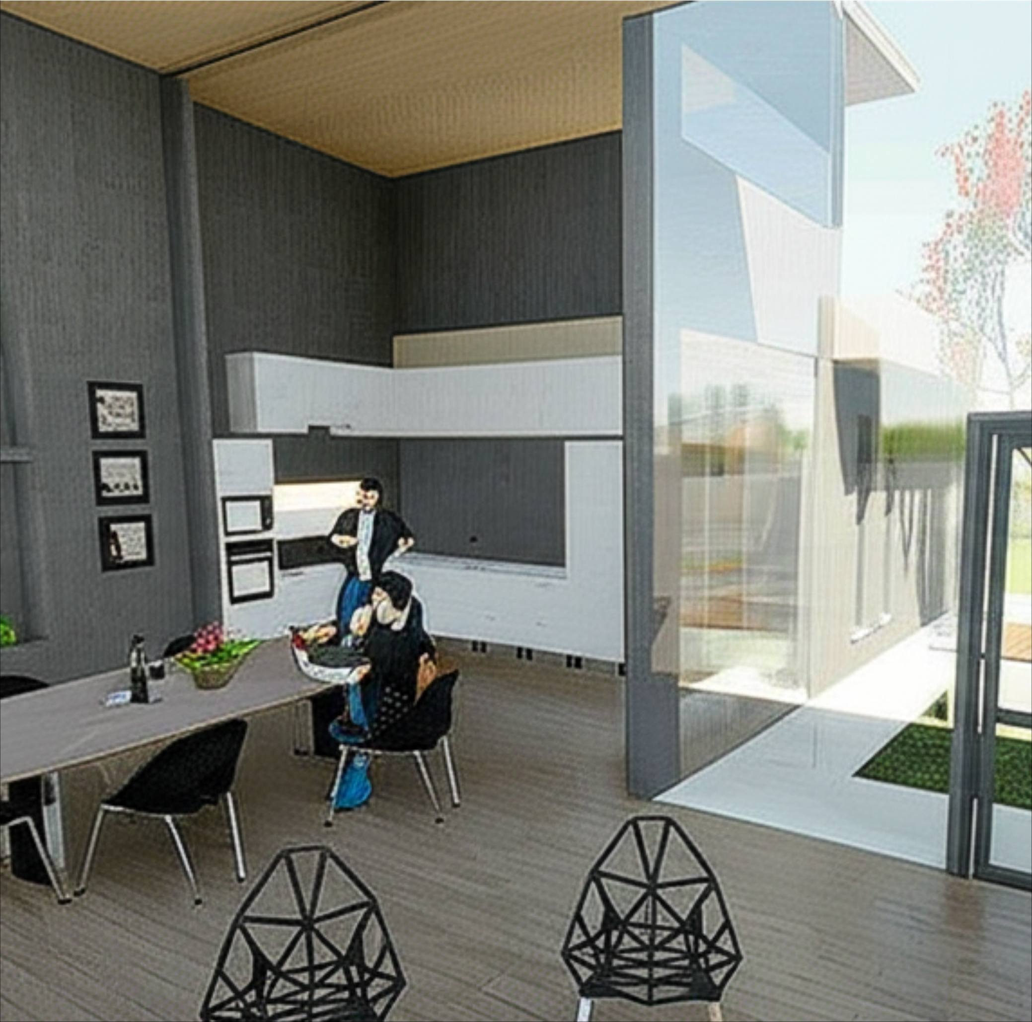 Render comedor con vista a jardín interior SM
